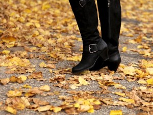 Women legs in knee-high boots and yellow leaves in the fall
